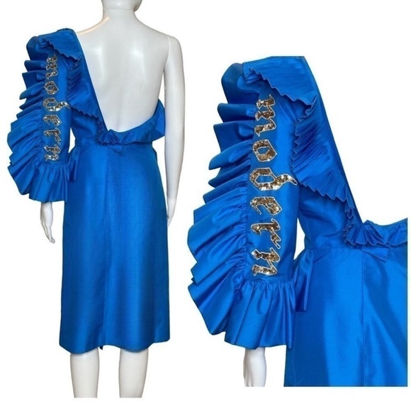 GUCCI Blue One-shoulder sequin-embellished ruffled silk RUNWAY MIDI Dress NEW - Picture 13 of 16